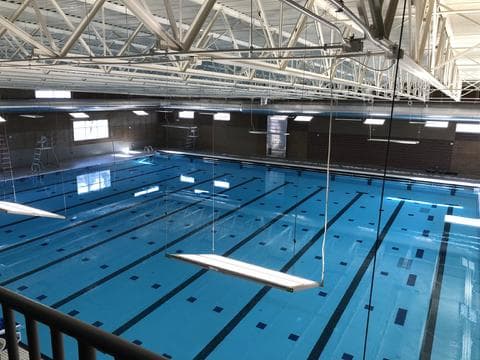 Indoor swimming pool hall under exposed steel trusses at Pikes Peak Athletics